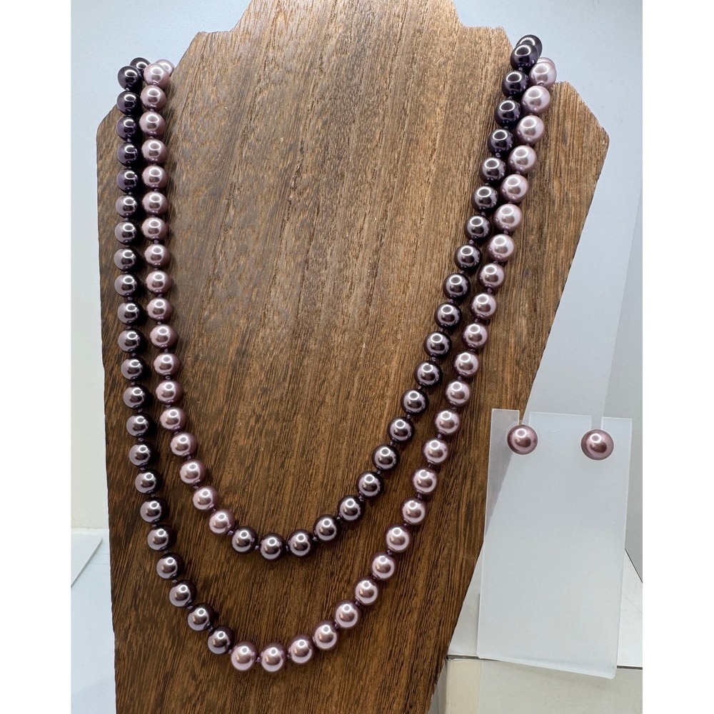 Mauve & Plum Faux Pearl Opera Necklace and Stud Earring Jewelry Set Pearlcore